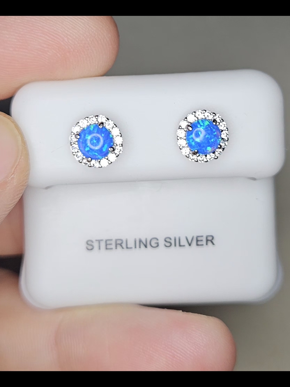 Sterling Silver Blue Opal Moissanite Halo Stud Earrings